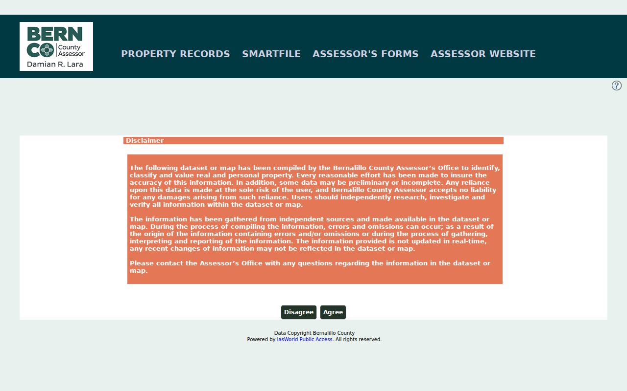 Bernalillo County residents directory Assessor property-record entry screen