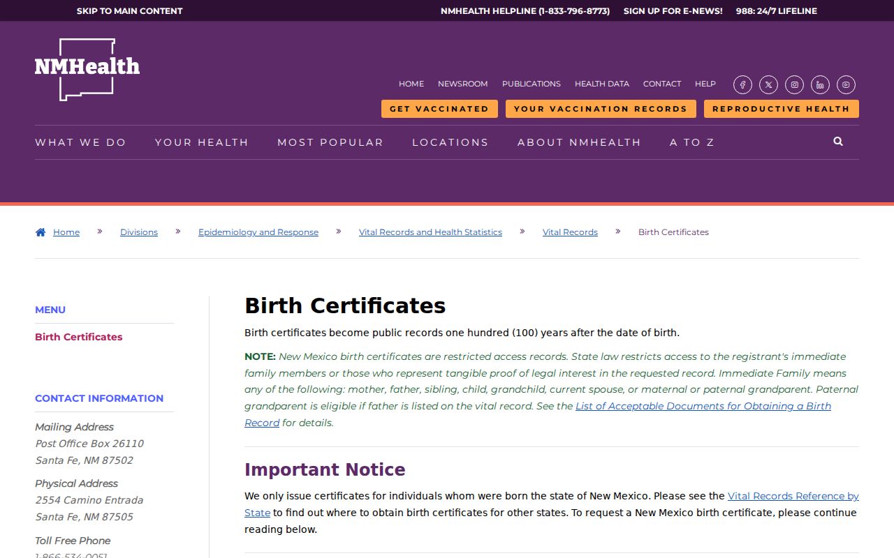 Bernalillo County residents directory New Mexico birth certificate request page
