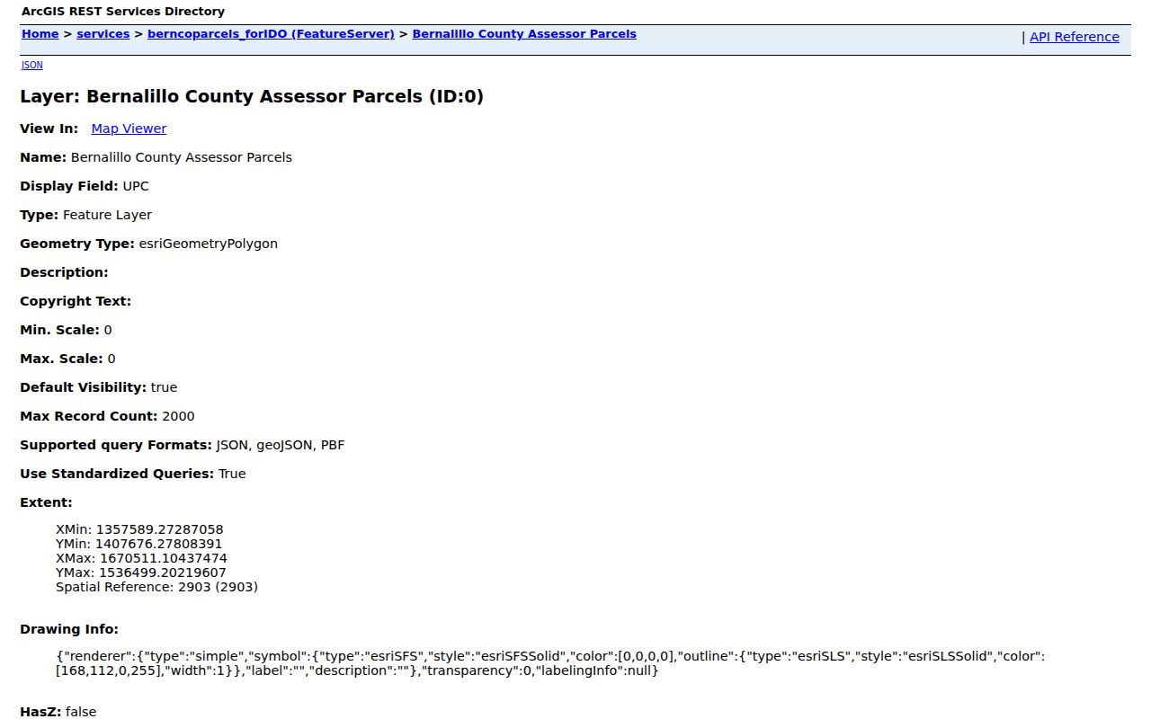 Bernalillo County neighbors Albuquerque parcel feature service fields