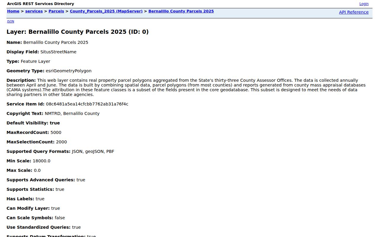 Bernalillo County street directory parcel layer metadata